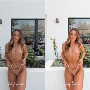 Pu&ograve; includere: Una donna indossa un top bikini con stampa floreale rosa e arancione e un fondo bikini abbinato. La donna &egrave; in piedi davanti a un muro bianco con una finestra dietro di lei. Il testo "prima" &egrave; scritto sotto la donna sul lato sinistro dell'immagine e il testo "dopo" &egrave; scritto sotto la donna sul lato destro dell'immagine.