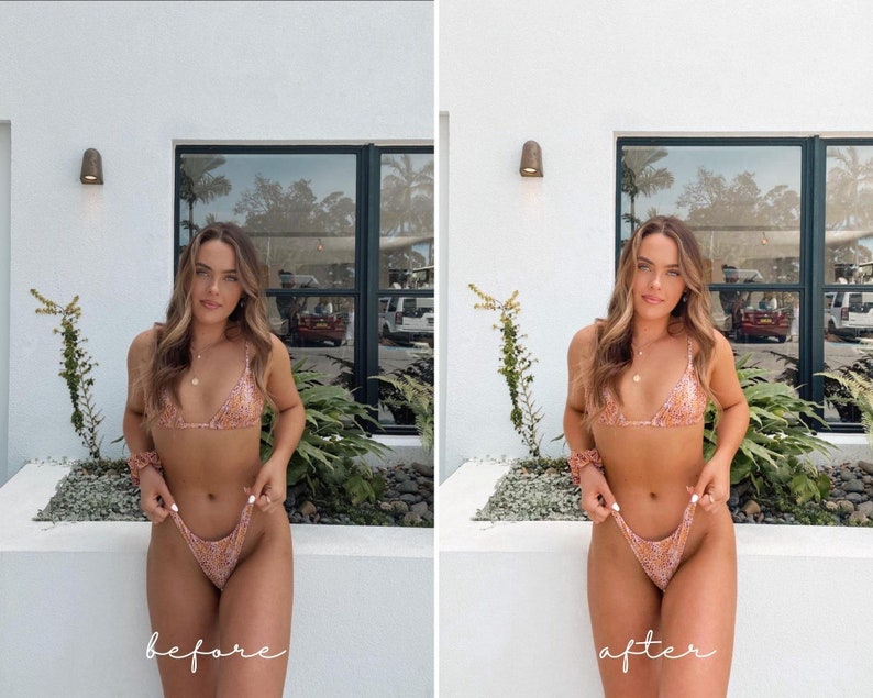 Pu&ograve; includere: Una donna indossa un top bikini con stampa floreale rosa e arancione e un fondo bikini abbinato. La donna &egrave; in piedi davanti a un muro bianco con una finestra dietro di lei. Il testo "prima" &egrave; scritto sotto la donna sul lato sinistro dell'immagine e il testo "dopo" &egrave; scritto sotto la donna sul lato destro dell'immagine.