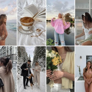 Pu&ograve; includere: Un collage di nove immagini con diverse scene e persone. L'immagine in alto a sinistra mostra una donna in costume da bagno beige in piedi su una spiaggia. L'immagine in alto al centro mostra una tazza di caff&egrave; con un libro e gioielli. L'immagine in alto a destra mostra una donna che indossa una felpa rosa con la scritta "NYC" su di essa. L'immagine in basso a sinistra mostra una donna che indossa un cappotto marrone e una borsa nera. L'immagine in basso al centro mostra una coppia che cammina nella neve con un cane. L'immagine in basso a destra mostra una donna che tiene un mazzo di fiori gialli. L'immagine in basso a sinistra mostra una donna che indossa un cappotto marrone e una borsa nera. L'immagine in basso al centro mostra una donna che indossa un maglione giallo e pantaloni bianchi. L'immagine in basso a destra mostra una donna in bikini in piedi davanti a una finestra.