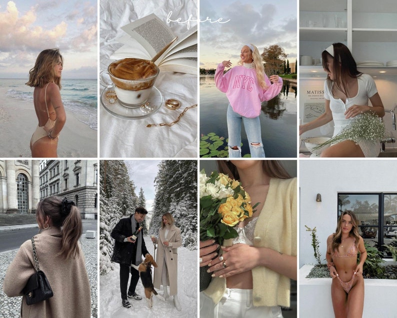 Pu&ograve; includere: Un collage di nove immagini con diverse scene e persone. L'immagine in alto a sinistra mostra una donna in costume da bagno beige in piedi su una spiaggia. L'immagine in alto al centro mostra una tazza di caff&egrave; con un libro e gioielli. L'immagine in alto a destra mostra una donna che indossa una felpa rosa con la scritta "NYC" su di essa. L'immagine in basso a sinistra mostra una donna che indossa un cappotto marrone e una borsa nera. L'immagine in basso al centro mostra una coppia che cammina nella neve con un cane. L'immagine in basso a destra mostra una donna che tiene un mazzo di fiori gialli. L'immagine in basso a sinistra mostra una donna che indossa un cappotto marrone e una borsa nera. L'immagine in basso al centro mostra una donna che indossa un maglione giallo e pantaloni bianchi. L'immagine in basso a destra mostra una donna in bikini in piedi davanti a una finestra.