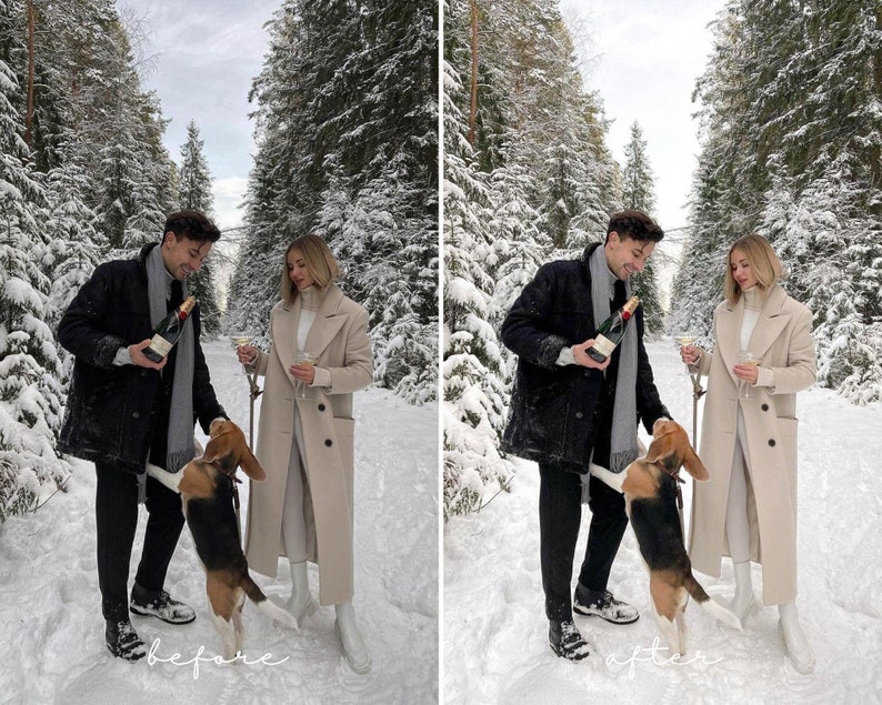 Pu&ograve; includere: Una coppia in abbigliamento invernale si trova in un bosco innevato con un cane. Tengono bicchieri e bottiglie di champagne. Il cane &egrave; in piedi sulle zampe posteriori e guarda la coppia.