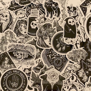 May include: A collection of black and white stickers featuring various illustrations including a skull, a potion bottle with a skull, a cat on a skateboard, a skeleton in a hat, a palm with a pentagram, and text reading Practice Makes Perfect.