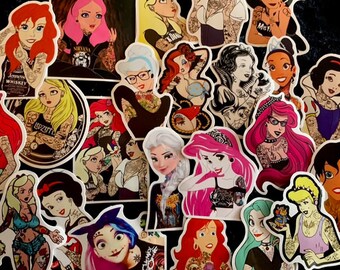 Tattooed Disney Princess Assorted Sticker pack for WaterBottle, IPhone, MacBook, Phone, Phone Case, Laptop, Journal, Binder and Skateboard