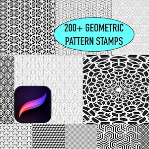 May include: A collection of 200+ black and white geometric pattern stamps. The stamps are arranged in a grid pattern and feature a variety of designs, including circles, squares, triangles, and hexagons. The text "200+ GEOMETRIC PATTERN STAMPS" is displayed in a blue box.