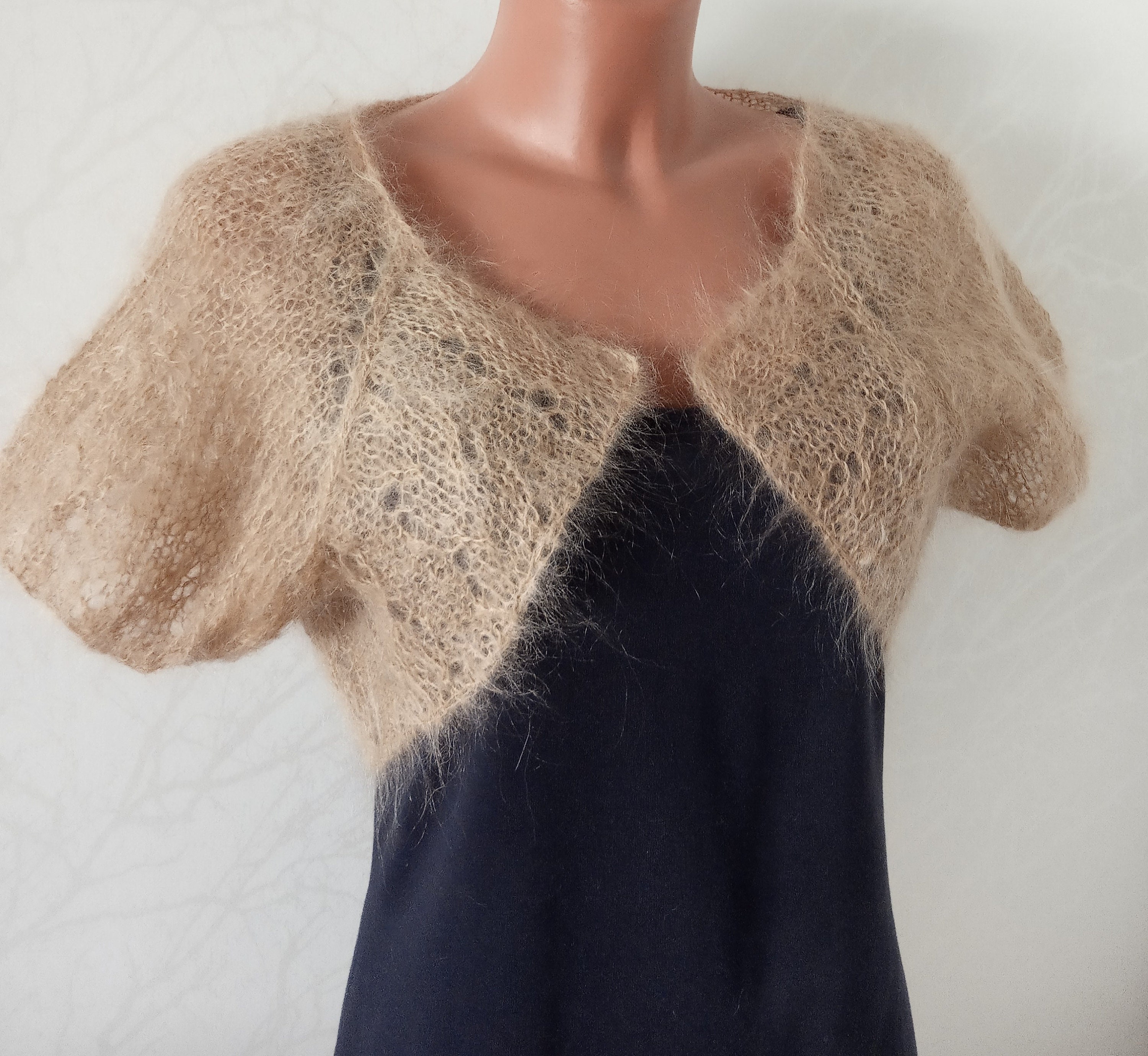 Silk mohair lace bolero bridal openwork jacket beige knitted Etsy