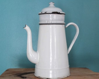 Vintage French White Enamel Coffee Pot, Retro, Decor, Cafetiere, France