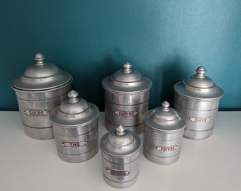 Vintage French Set of 6 Aluminium Canisters with Brass Name plates, Pots with Lids, Coffee Jar, Tea Caddy,