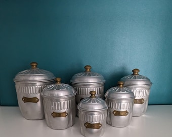 Vintage French Set of 6 Aluminium Canisters with Brass Name plates, Pots with Lids, Coffee Jar, Tea Caddy,