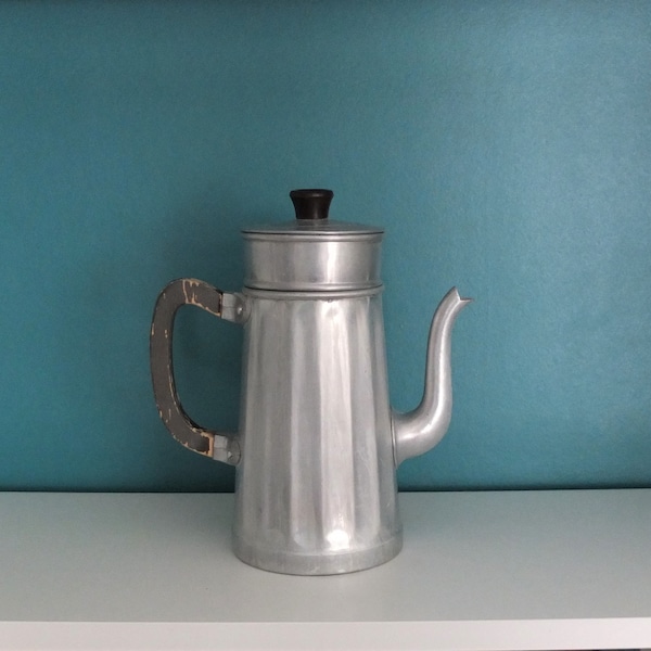 Vintage French Aluminium Coffee Pot, Wooden Handle, Retro, Decor, Cafetiere, France