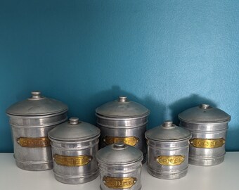 Vintage French Set of 6 Aluminium Canisters with Brass Name plates, Pots with Lids, Coffee Jar, Tea Caddy,