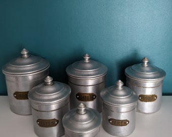 Vintage French Set of 6 Aluminium Canisters with Brass Name plates, Pots with Lids, Coffee Jar, Tea Caddy,