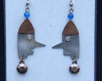 alpacca and copper pinocchio earrings with glass bead and pendant