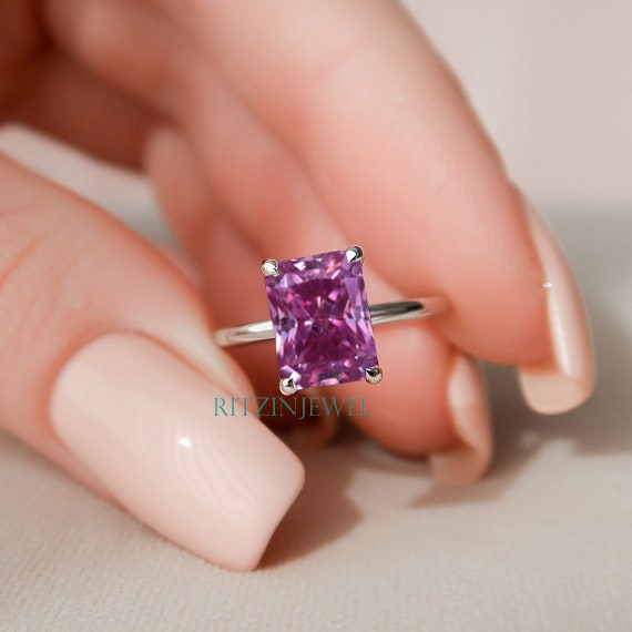 Dainty Wedding Rings 14K White Gold Ring Solitaire Moissanite Ring Pink Purple Radiant Cut Moissanite Engagement Ring Classic 4 Prongs
