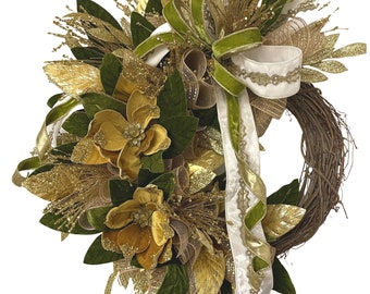 Elegant Magnolia Gold and Green Grapevine Wreath Winter Wreath