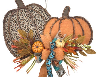 Double Pumpkin Leopard and Orange Fall Door Hanger, Cheetah Print Door Hanger, Fall Pumpkin Wreath