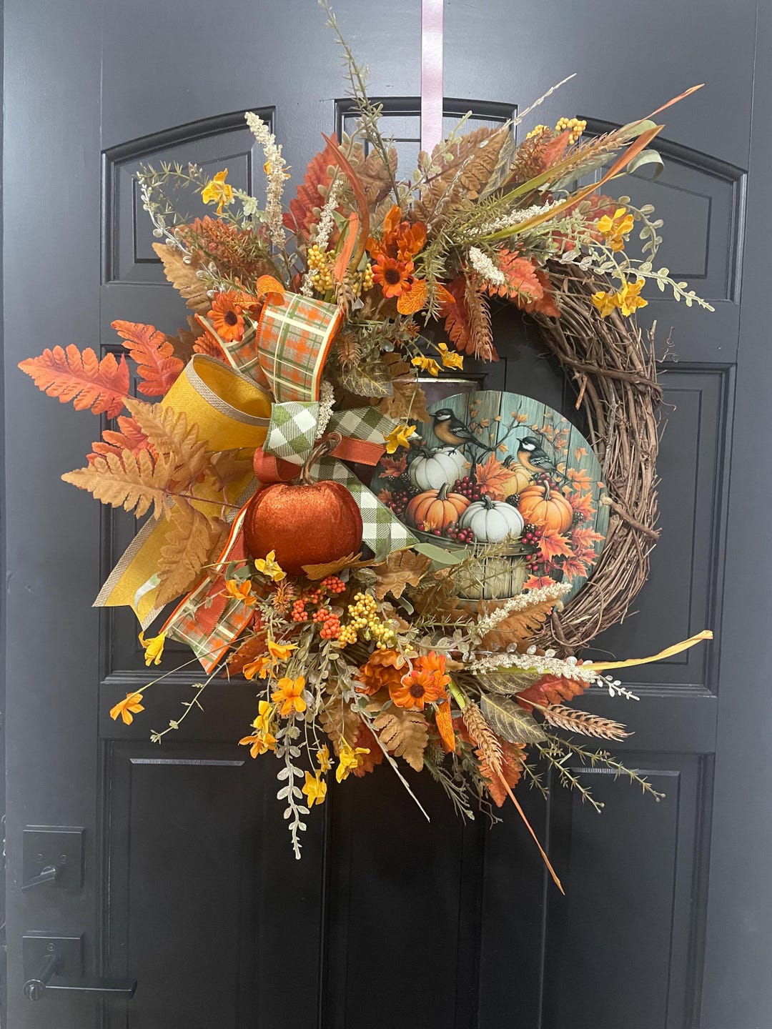 Fall Pumpkin Wreath for Front Door | Autumn Grapevine Wreath With ...