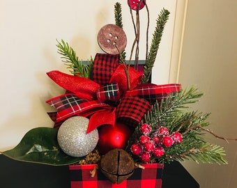 Buffalo Plaid Christmas Truck Floral Arrangement