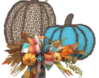 Leopard and Turquoise Fall Door Hanger Cheetah print Wall Hanger Double Pumpkin