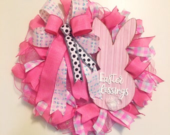 Easter Blessings Pink Bunny Decomesh Wreath