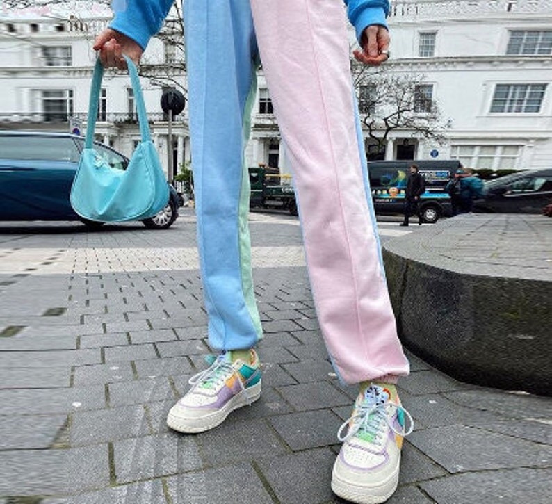 Contrast Color Baggy Women Jogger Sweatpants Casual Pink Blue Patchwork High Waist Trousers Female Hip Hop Streetwear