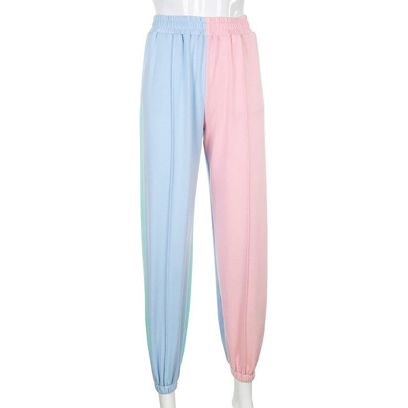 Contrast Color Baggy Women Jogger Sweatpants Casual Pink Blue Patchwork High Waist Trousers Female Hip Hop Streetwear