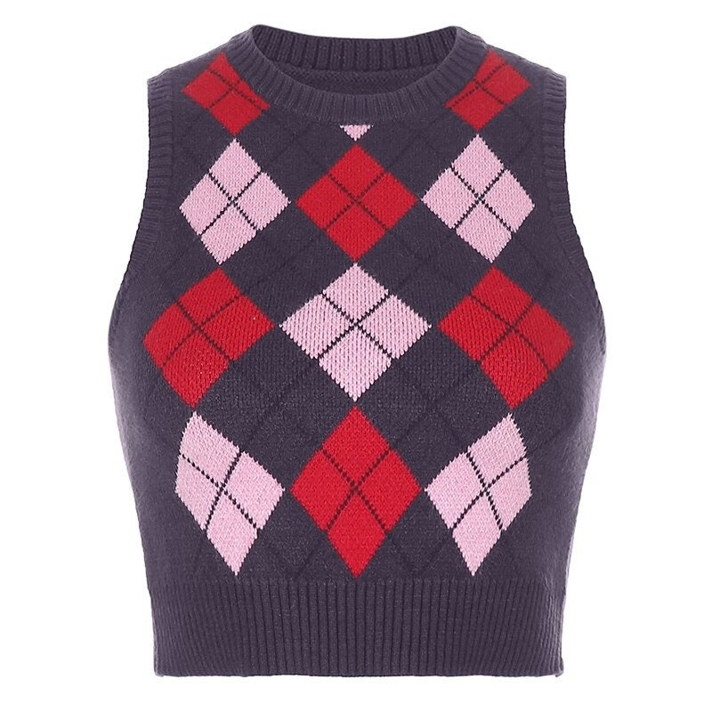 Plaid Knitted Sweater Vest Female Streetwear Preppy Style | Etsy