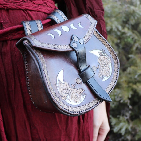 Leather Luna Belt Bag | LARP Cosplay Accessory | Witch Celestial Forest Fae Elven Elf