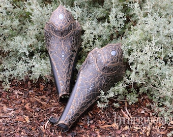 Leather Bloodstained Greaves Set | LARP Cosplay DnD | Fantasy Medieval Gothic Vampire Cathedral Armor