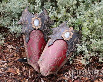 Leather Bloodstained Bracers Set | LARP Cosplay DnD | Fantasy Medieval Gothic Vampire Cathedral Armor