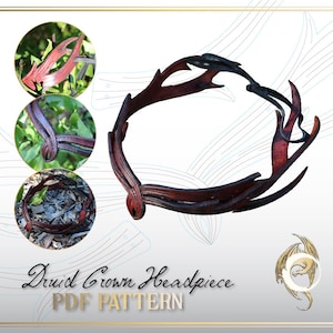 以下が含まれることがあります： 革製のドルイドの冠のヘッドピースのPDFパターン。冠は、複数の革のピースを縫い合わせて作られています。冠は濃い茶色で、自然で素朴な外観をしています。パターンには、冠の作成手順と図が含まれています。