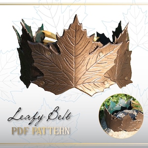 Könnte beinhalten: Ein PDF-Muster für einen Blatt-Gürtel aus Leder. Der Gürtel ist braun und goldfarben mit einem Blatt-Design. Der Text "Leafy Belt PDF PATTERN" ist im Bild sichtbar.