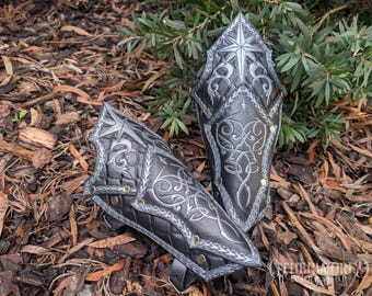 Leather Celestial Dragonscale Bracers | LARP Cosplay Armor Accessory | Medieval Moon Star Pagan Goth Warrior