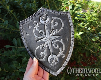 Leather Shield Hanging Art | Small | LARP Cosplay Book DnD Gift | Fantasy Medieval Gothic Vampire Cathedral Knightcore Sign