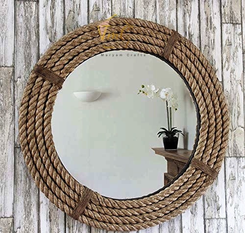 Nautical Coastal Round Rope Mirror, Home Decor Large Wall Mirror, Hanging Rope wall Mirror, Bathroom Mirror (18 Inches)