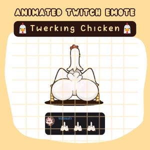 Op de afbeelding: Geanimeerde Twitch Emote met een witte kip die aan het twerken is. De kip heeft een rode kam en staat tegen een lichtgele achtergrond. De tekst "Twerking Chicken" wordt boven de afbeelding weergegeven.