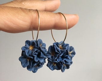 navy blue floral drop earrings | plant earrings | Handmade earrings| Nature Earrings| Dangle earrings | Floral hoops