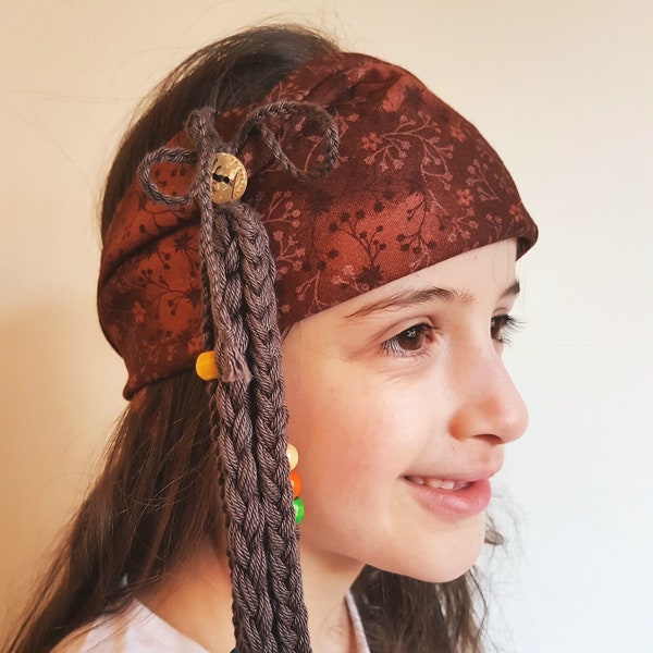 Bandana pirate pour enfants avec accessoire pour cheveux pour se déguiser. Pirates des Caraïbes. 100 % coton avec perles et boutons. Moka