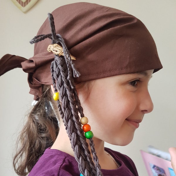 Pañuelo de pirata para niños con accesorio para el pelo para disfrazarse. Piratas del Caribe. 100 % algodón con cuentas y botones.