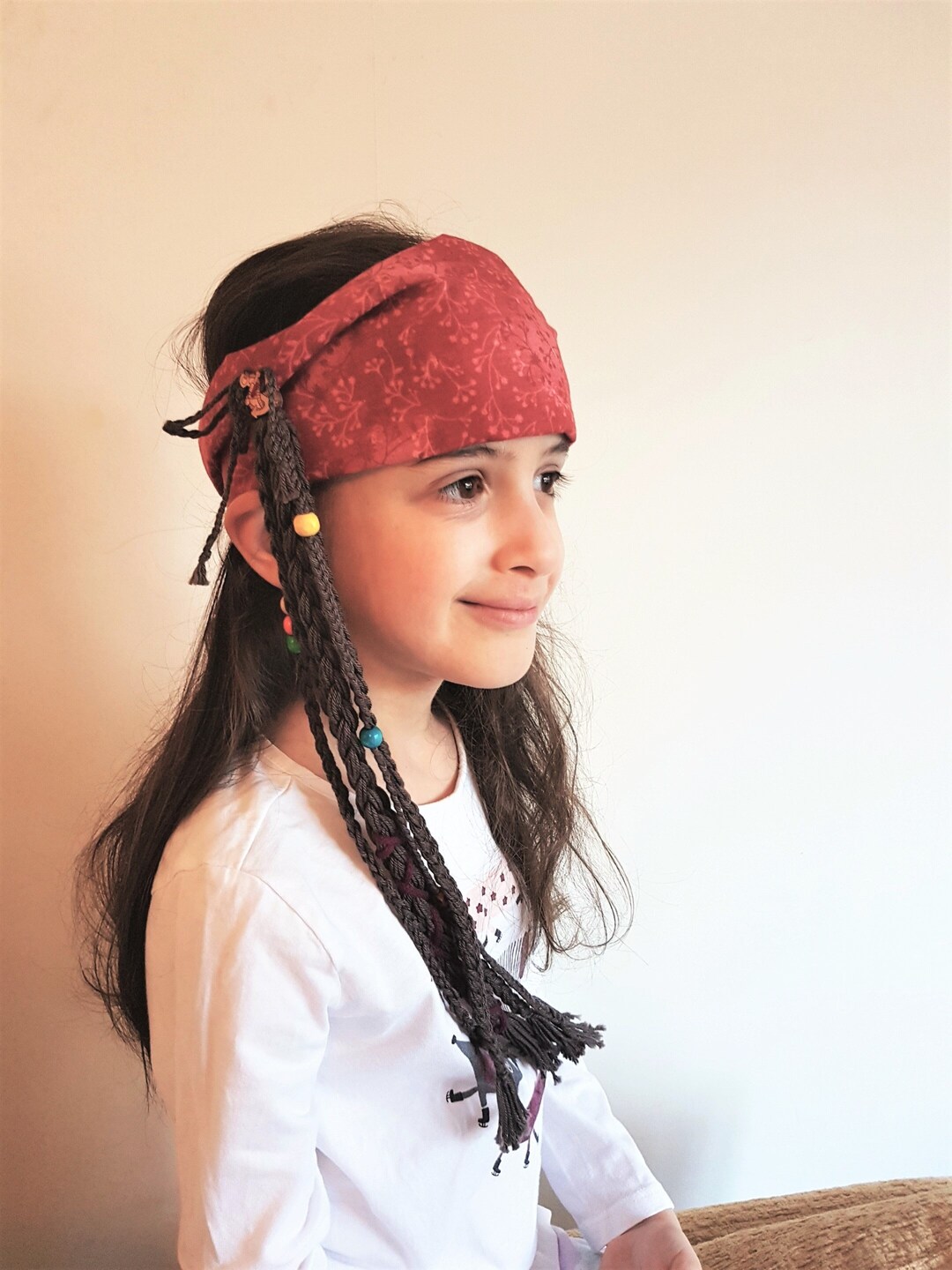 Bandana de pirate pour enfants avec accessoire de cheveux pour s'habiller.  Pirates des Caraïbes. 100 % coton avec perles et boutons. Couleur rose -   France