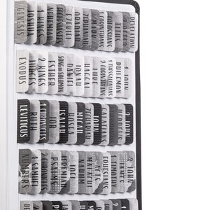 May include: A close-up of a black and white Bible with tabs for each book of the Bible. The tabs are labeled with the names of the books of the Bible, such as Genesis, Exodus, Leviticus, Numbers, Deuteronomy, Joshua, Judges, Ruth, 1 Samuel, 2 Samuel, 1 Kings, 2 Kings, 1 Chronicles, 2 Chronicles, Ezra, Nehemiah, Esther, Job, Psalms, Proverbs, Ecclesiastes, Song of Solomon, Isaiah, Jeremiah, Lamentations, Ezekiel, Daniel, Hosea, Joel, Amos, Obadiah, Jonah, Micah, Nahum, Habakkuk, Zephaniah, Haggai, Zechariah, Malachi, Matthew, Mark, Luke, John, Acts, Romans, 1 Corinthians, 2 Corinthians, Galatians, Ephesians, Philippians, Colossians, 1 Thessalonians, 2 Thessalonians, 1 Timothy, 2 Timothy, Titus, Philemon, Hebrews, James, 1 Peter, 2 Peter, 1 John, 2 John, 3 John, Jude, Revelation.