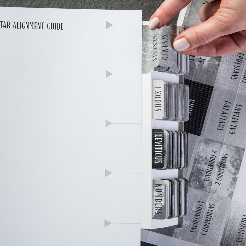 May include: A close-up of a white binder with black tabs labeled with the names of books from the Bible, including Genesis, Exodus, Leviticus, Numbers, 1 Corinthians, 2 Corinthians, Galatians, Ephesians, and John.