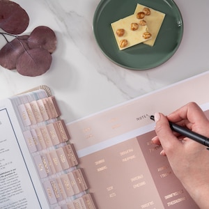 May include: A close-up of a Bible with pink and beige tabs labeled with book names. The Bible is open to the book of 1 Kings. A hand is writing in a notebook with the words "NOTES" at the top. The notebook has columns labeled with book names from the New Testament. A small plate with white chocolate squares with nuts is in the background.