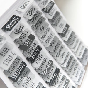 May include: Black and white book tabs with the names of books of the Bible printed on them. The tabs are arranged in order from Genesis to Revelation.