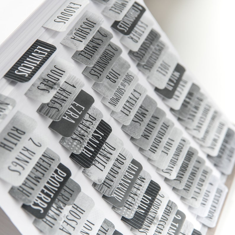 May include: Black and white book tabs with the names of books of the Bible printed on them. The tabs are arranged in order from Genesis to Revelation.