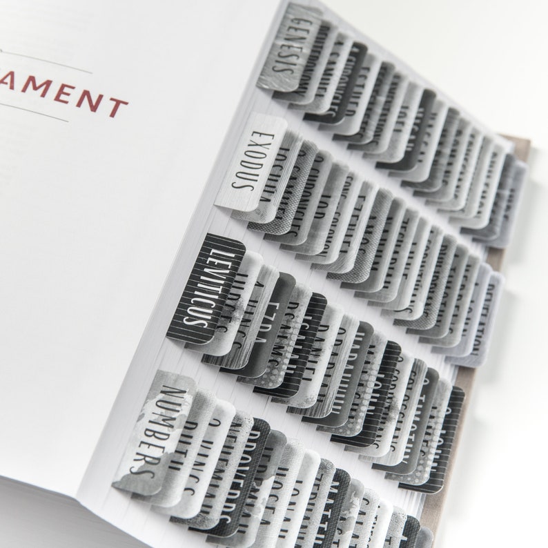 May include: A close-up of a white book with black and white tabs labeled with the books of the Bible, including Genesis, Exodus, Leviticus, and Numbers.