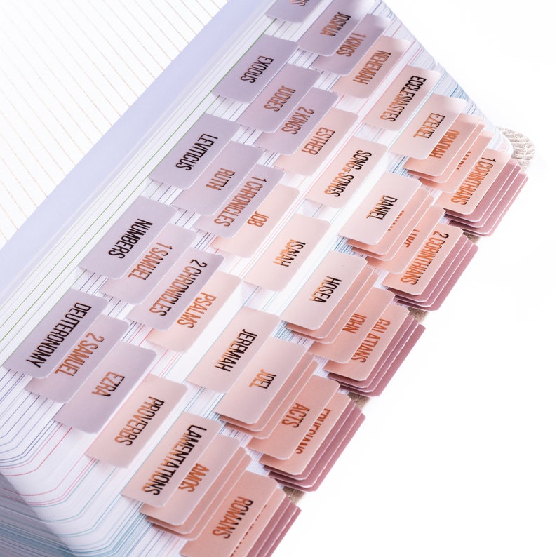 May include: A set of pink and beige index tabs with the names of books of the Bible printed on them. The tabs are arranged in alphabetical order, starting with 1 Corinthians and ending with Deuteronomy.