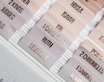 Rose Gold Bible Tabs: Laminated Bible Journaling Stickers, Embossed Lettering - Pearl