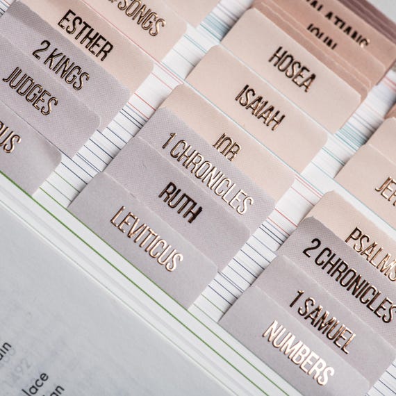Rose Gold Bible Tabs: Laminated Bible Journaling Stickers, Embossed Lettering - Pearl