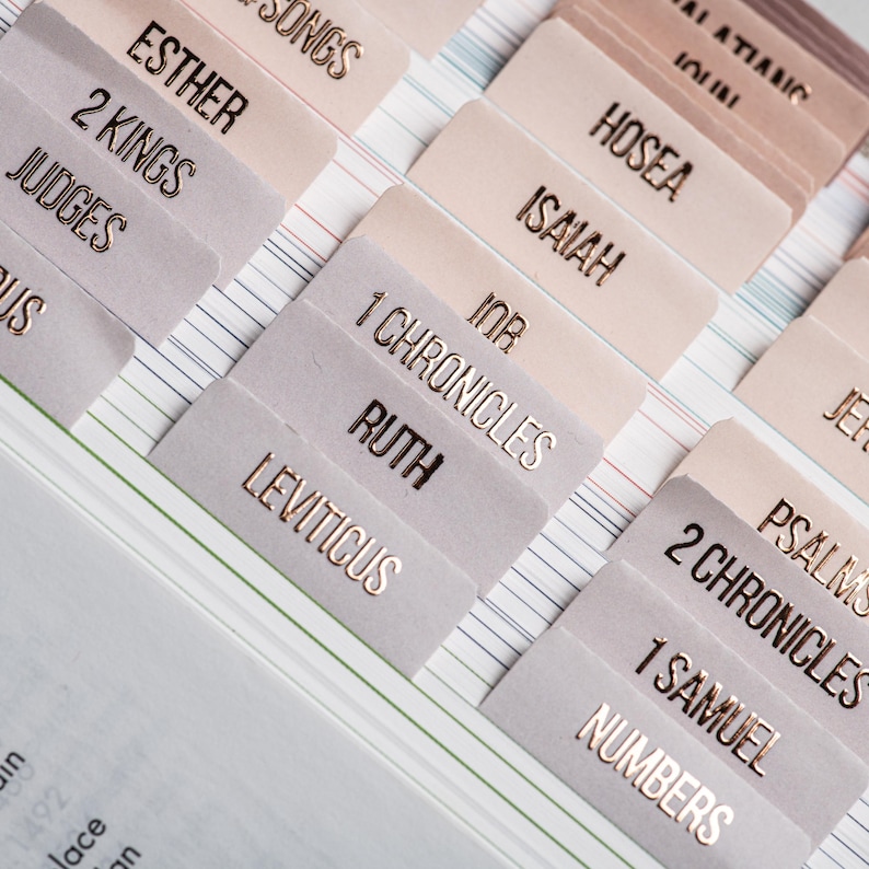 Rose Gold Bible Tabs: Laminated Bible Journaling Stickers, Embossed Lettering - Pearl image 1