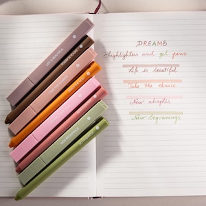 May include: A collection of colorful highlighters and gel pens in shades of brown, pink, orange, and green, arranged on a lined notebook. Each pen is labeled with an inspirational phrase. The notebook also features handwritten text: "DREAMS" and "Life is beautiful."